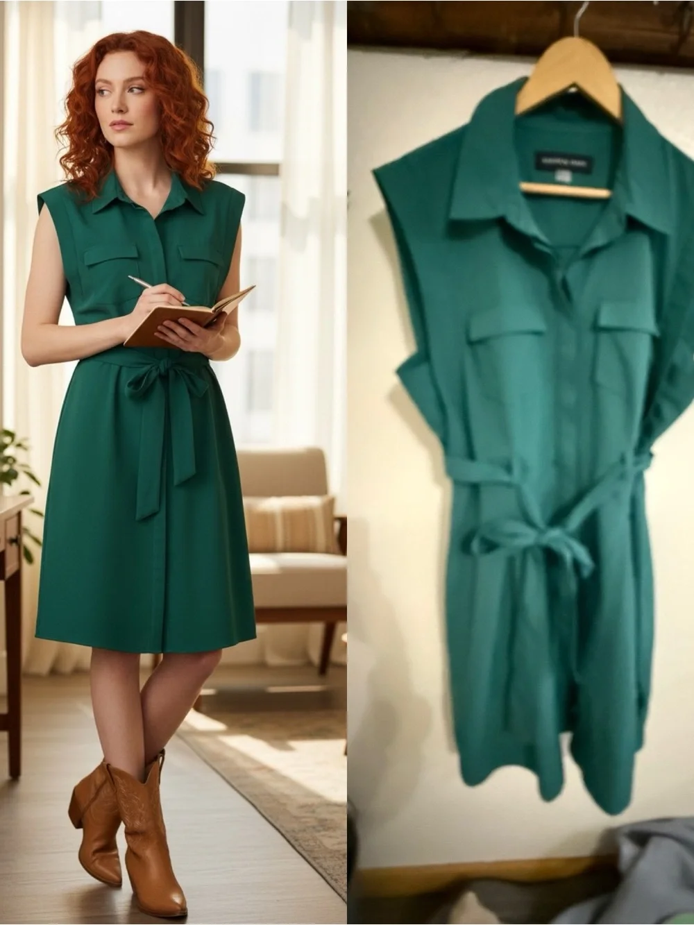 Andrew Marc Women’s Size 14 Green Belted Shirt Dress Sleeveless Stretch Midi Uti